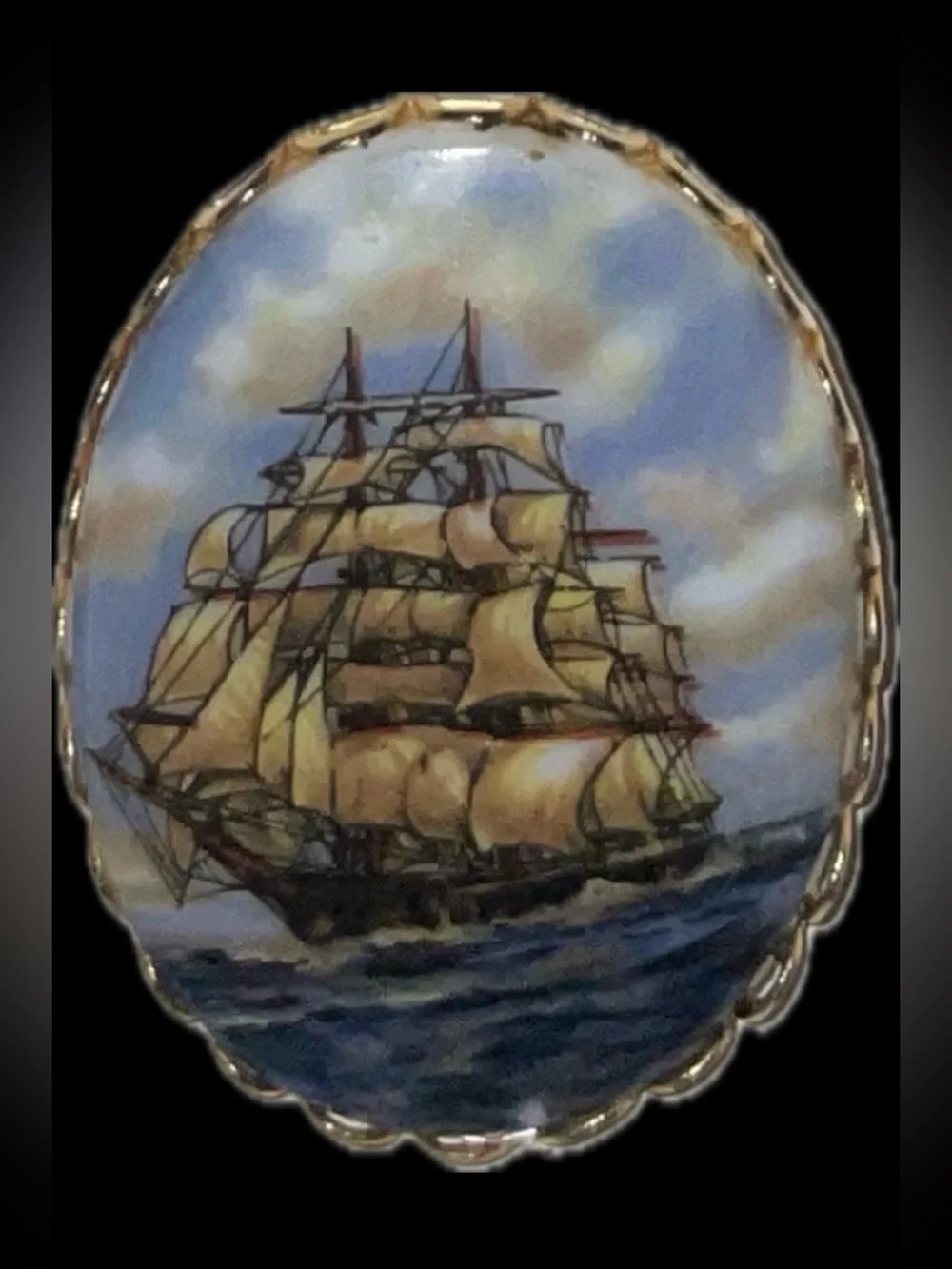 Vintage Hand-Painted Nautical Sailing boat Ship Oval Enamel Cabochon Brooch Pin